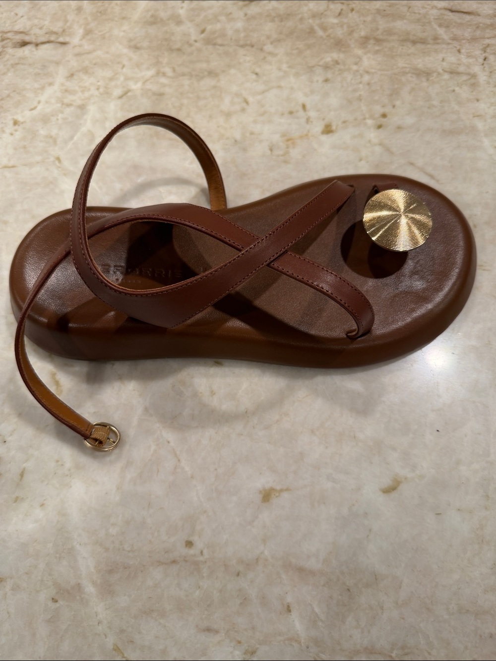 Robert Clergerie Brown Leather Crisscross Sandal with Gold Disc Accent